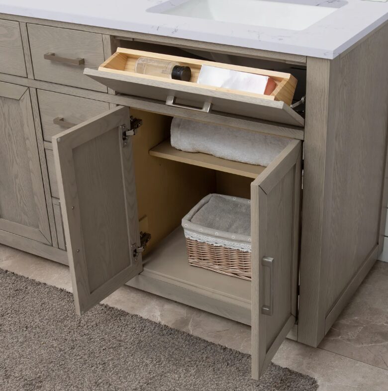 60 Inch Weathered Oak Double Undermount Sink Bathroom Vanity, White Marble Vein Quartz Top & Brushed Nickel Hardware