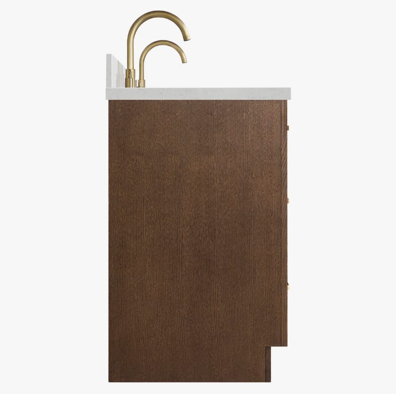 11 72 Inch Walnut Oak Shaker Double Undermount Sink Bathroom Vanity, White Quartz Countertop & Brushed Gold Hardware