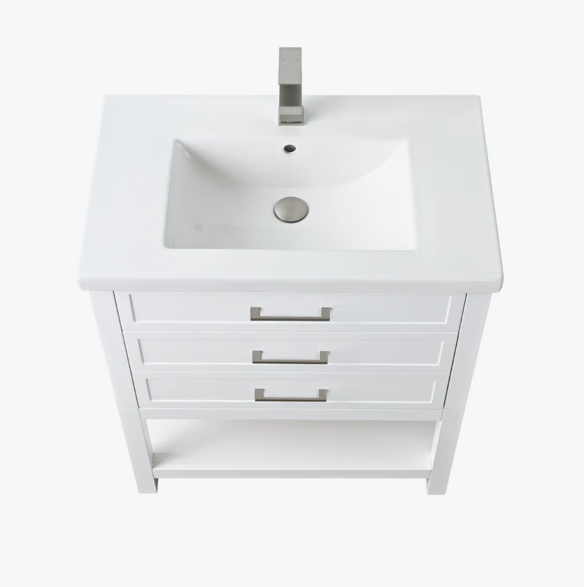Compact White Single Sink Vanity with Drawer & Open Mixed Storage