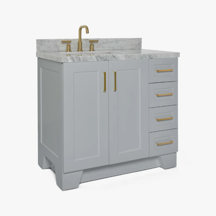 Transitional Light Gray Bathroom Vanity with Soft Close Doors, 4 Drawers & Brushed Gold Hardware