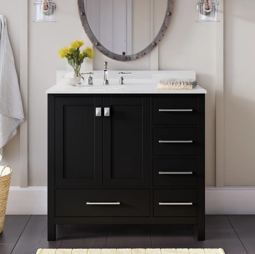 Modern Single Sink Black Bathroom Vanity Cabinet with Silver Hardware