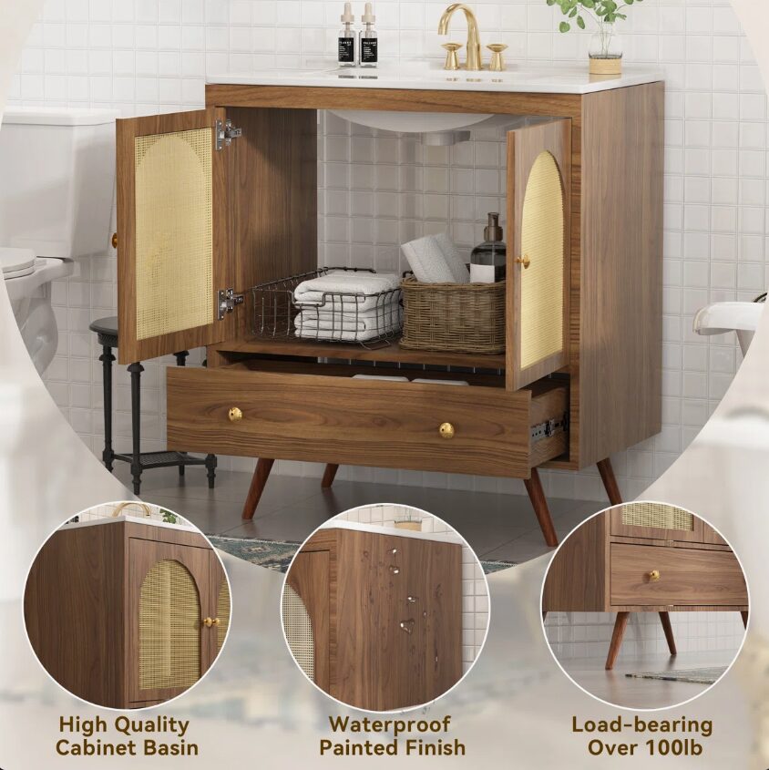 11 30 Inch Walnut Mid-Century Rattan Single Sink Bathroom Vanity with Gold Knobs