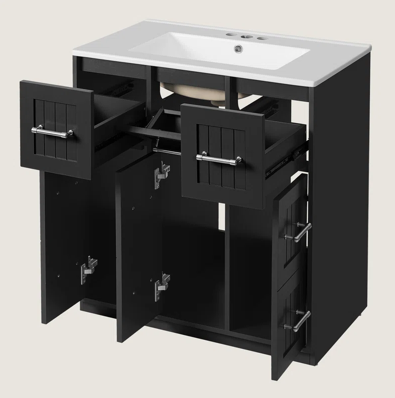 30" Black Vanity with White Sink & 9 Storage Drawers