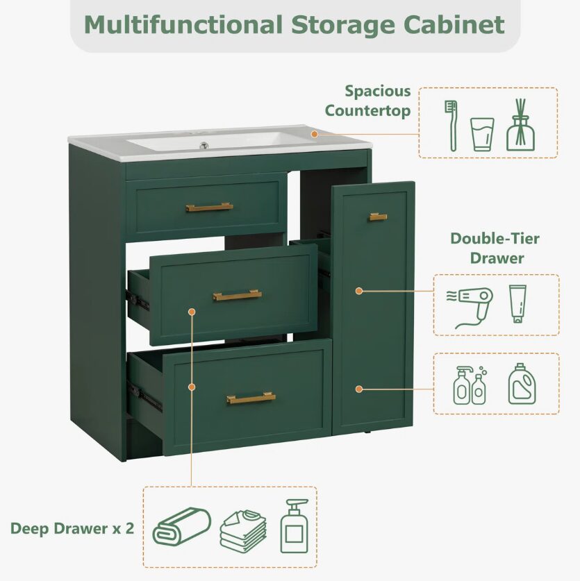 12 30" Dark Green Vanity with White Sink & Gold Hardware