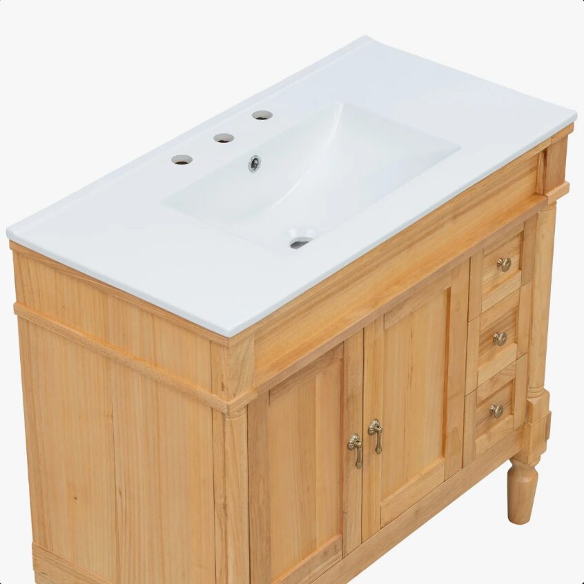 36 Inch Natural Solid Wood Farmhouse Single Sink Bathroom Vanity with Ceramic Sink & Gold Knobs