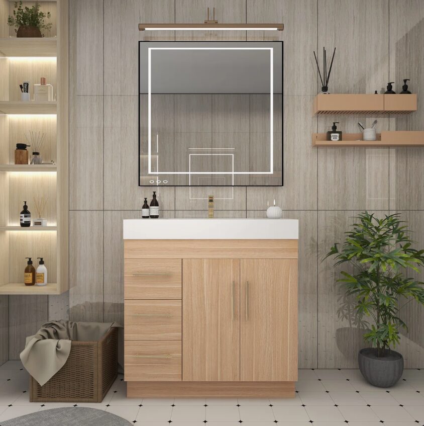12 36 Inch Light Oak Single Sink Bathroom Vanity Integrated Solid Surface Top Soft Close Drawers & Doors
