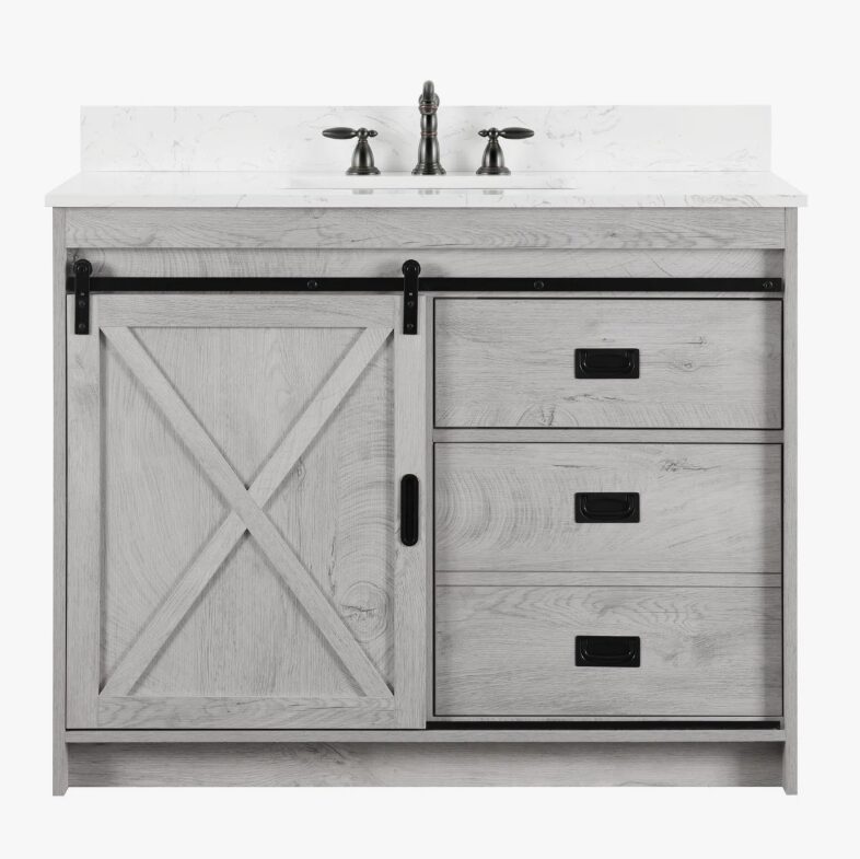 12 Light Gray Farmhouse Vanity with Cross Barn Door for Coastal, Modern Farm & Industrial Bath Remodel