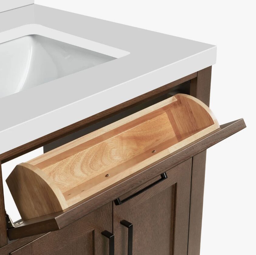 Modern Walnut Shaker Vanity Cabinet with Dovetail Wood Drawers for Farmhouse & Coastal Bath Remodel