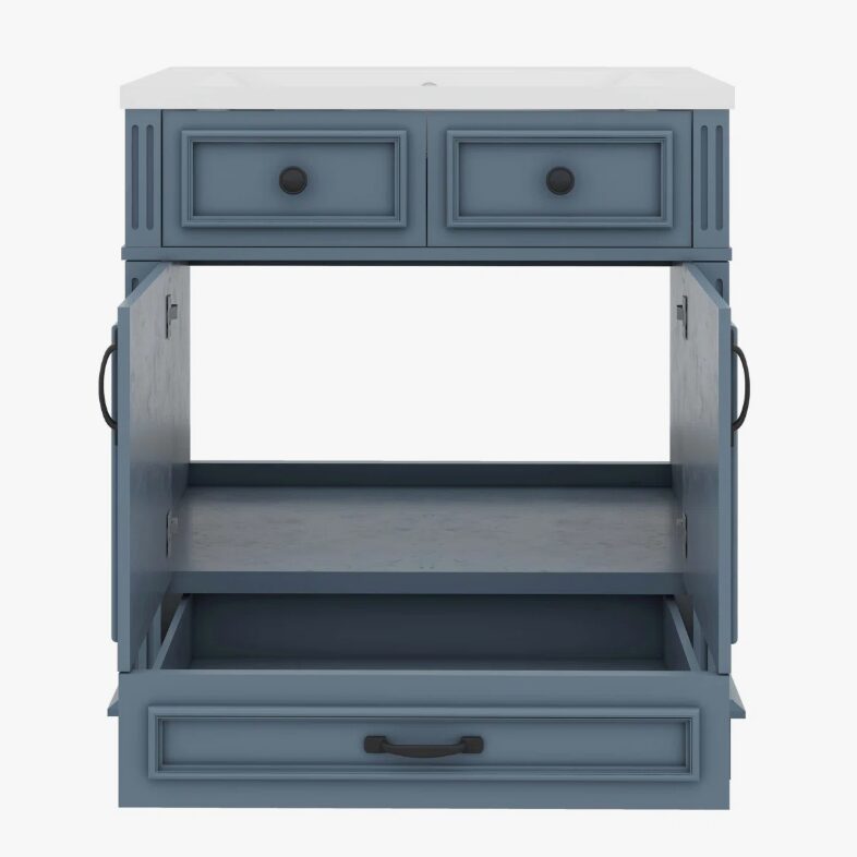 12 Freestanding Traditional Blue Wood Bathroom Vanity with White Integrated Sink Top
