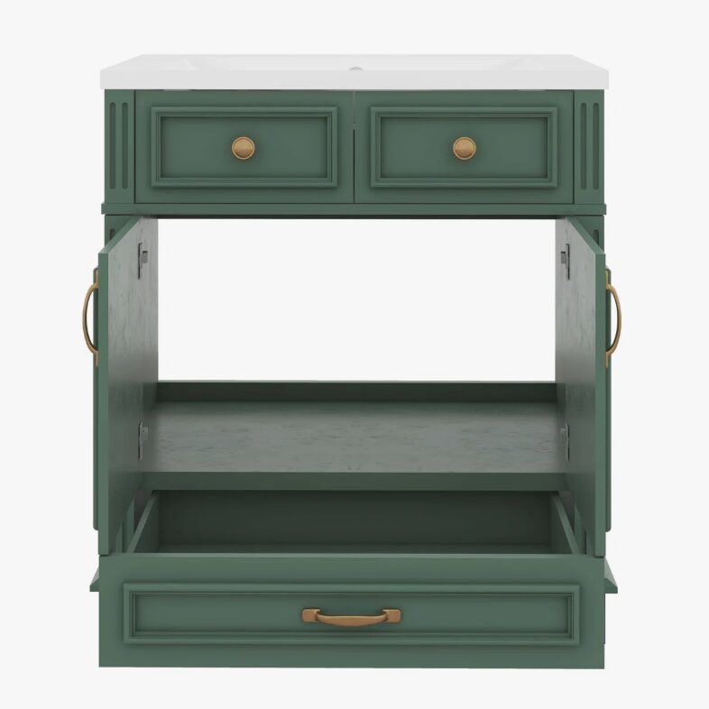 30 Inch Vintage Green Recessed Panel Single Sink Bathroom Vanity with Gold Hardware, 3 Storage Drawers & Double Doors