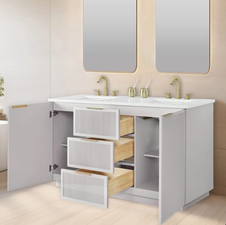 60 Inch Fluted Light Gray Double Undermount Sink Bathroom Vanity, White Quartz Countertop & Brushed Gold Hardware