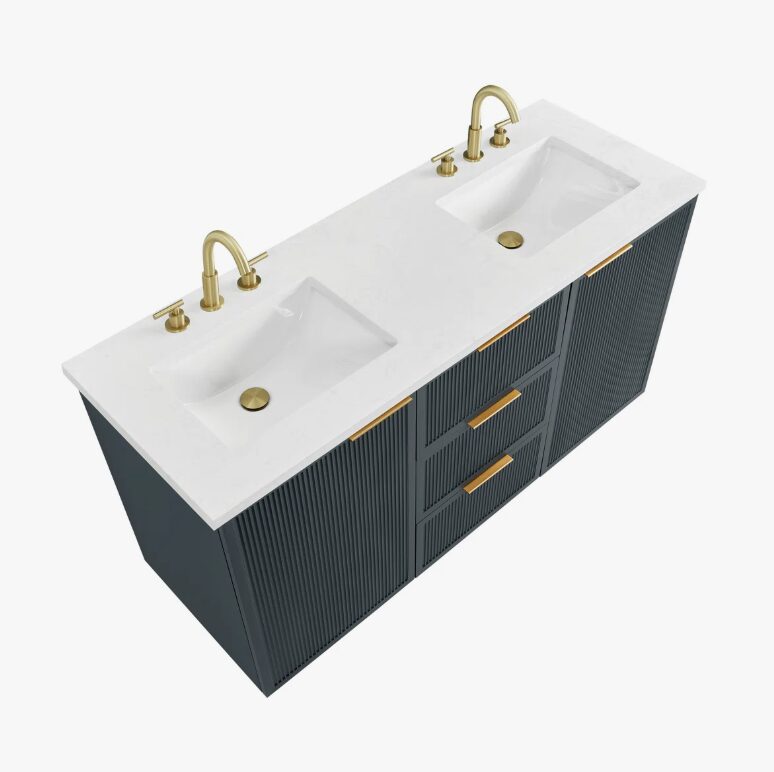 12 60 Inch Dark Navy Fluted Double Undermount Sink Bathroom Vanity, White Quartz Countertop & Brushed Gold Hardware