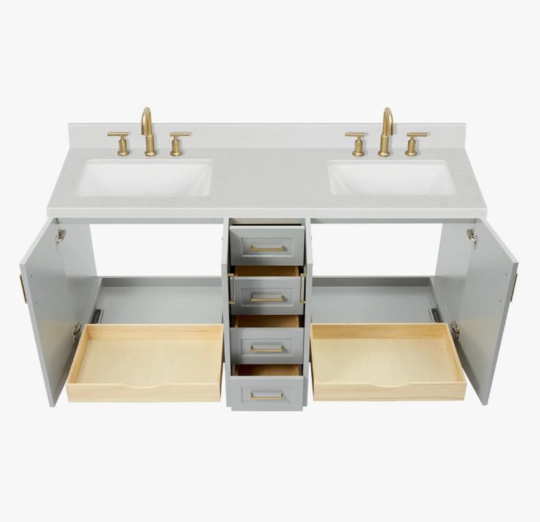 72 Inch White Shaker Double Undermount Sink Bathroom Vanity, White Quartz Countertop & Brushed Gold Hardware