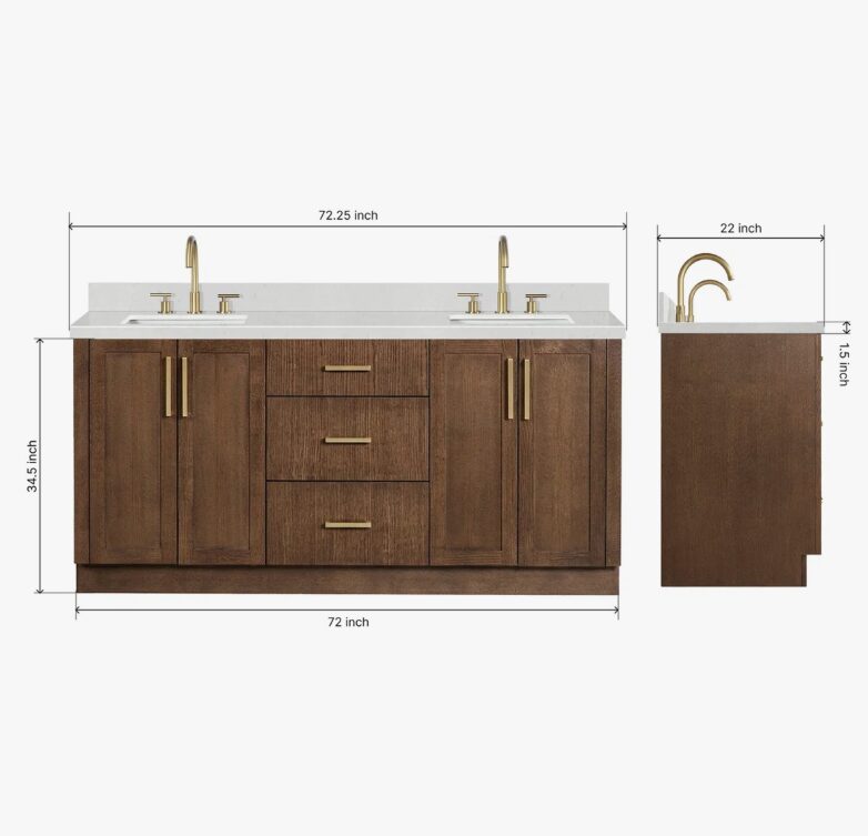 12 72 Inch Walnut Oak Shaker Double Undermount Sink Bathroom Vanity, White Quartz Countertop & Brushed Gold Hardware