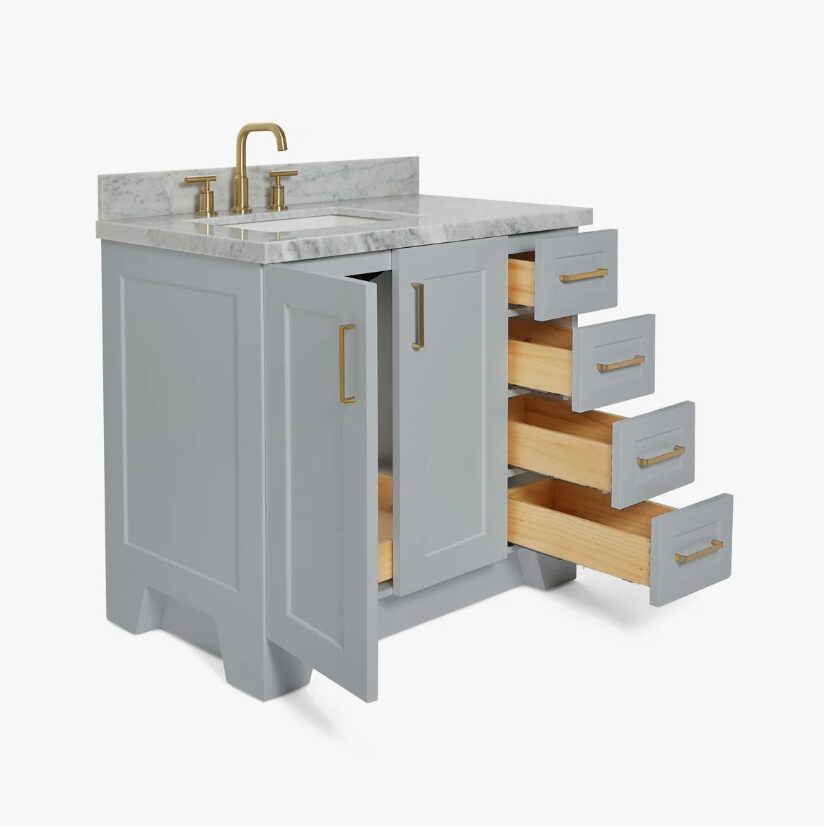 Transitional Light Gray Bathroom Vanity with Soft Close Doors, 4 Drawers & Brushed Gold Hardware
