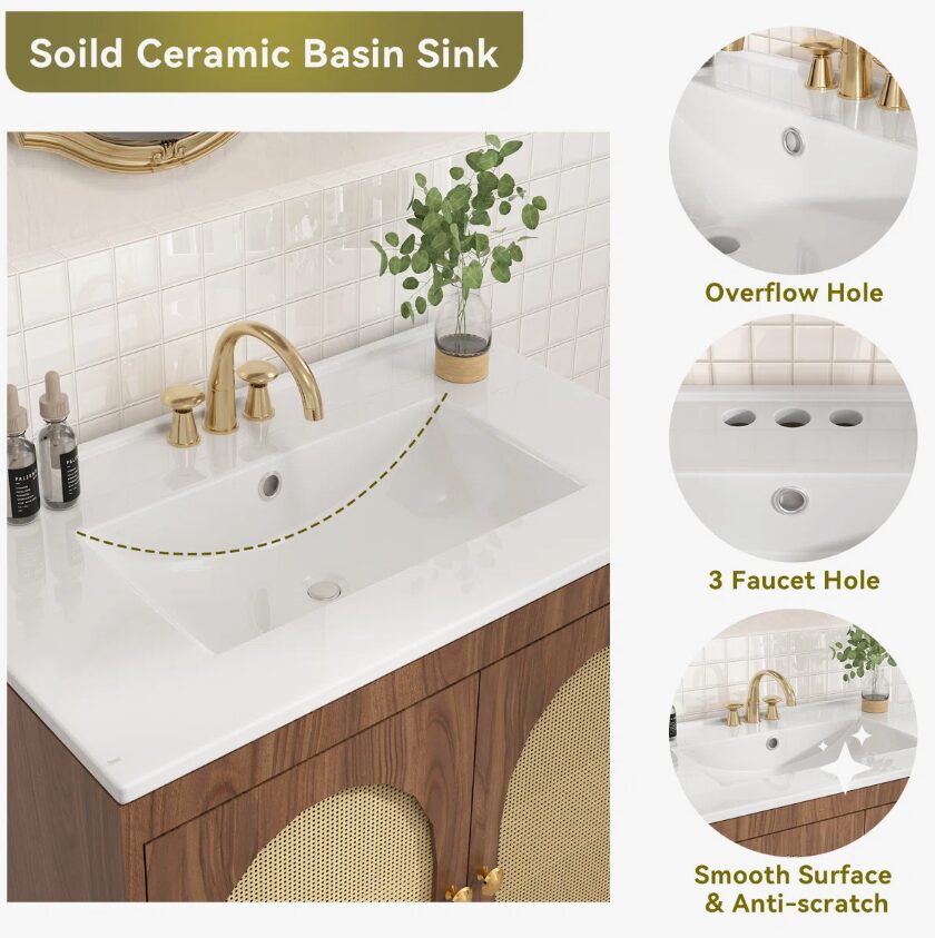 12 30 Inch Walnut Mid-Century Rattan Single Sink Bathroom Vanity with Gold Knobs