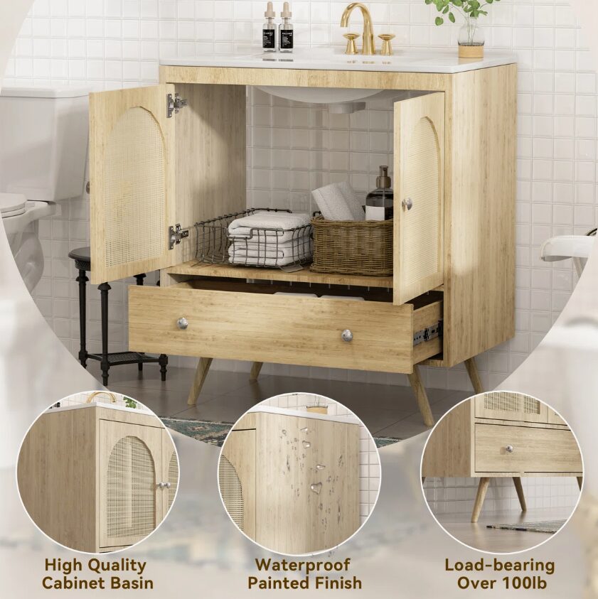 12 Arched Rattan Door Mid-Century Modern Bathroom Vanity Cabinet
