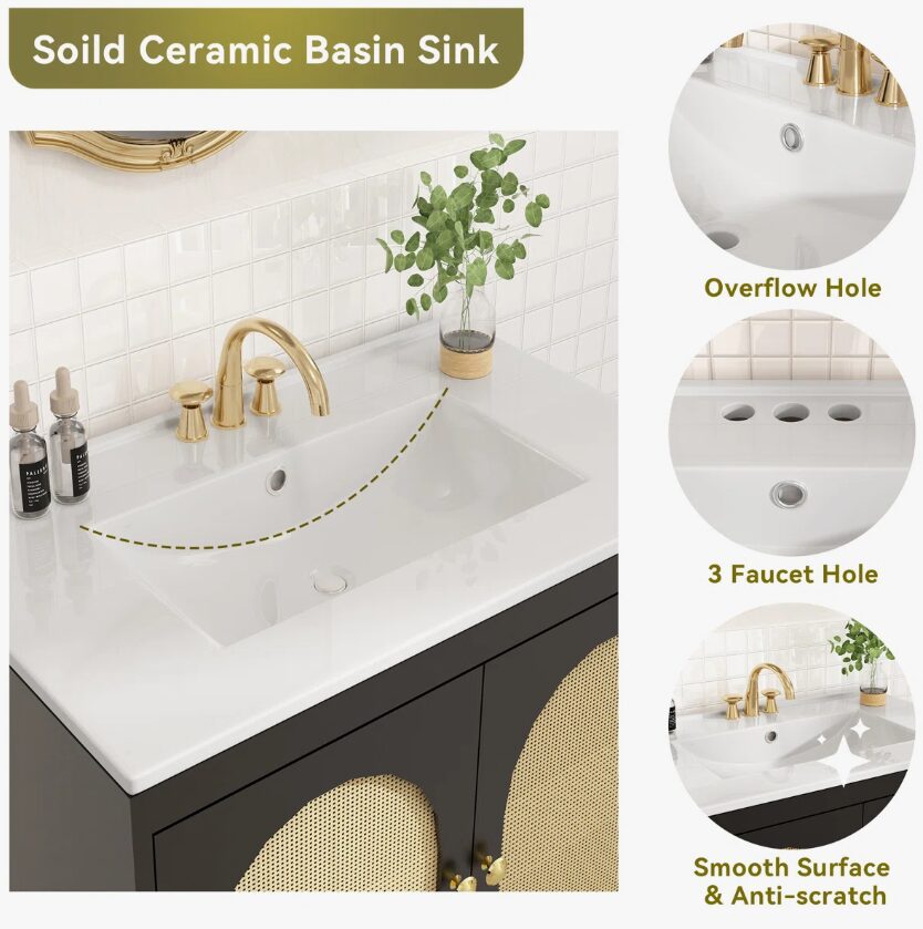 12 30 Inch Black Mid-Century Rattan Freestanding Single Sink Bathroom Vanity with Gold Knobs