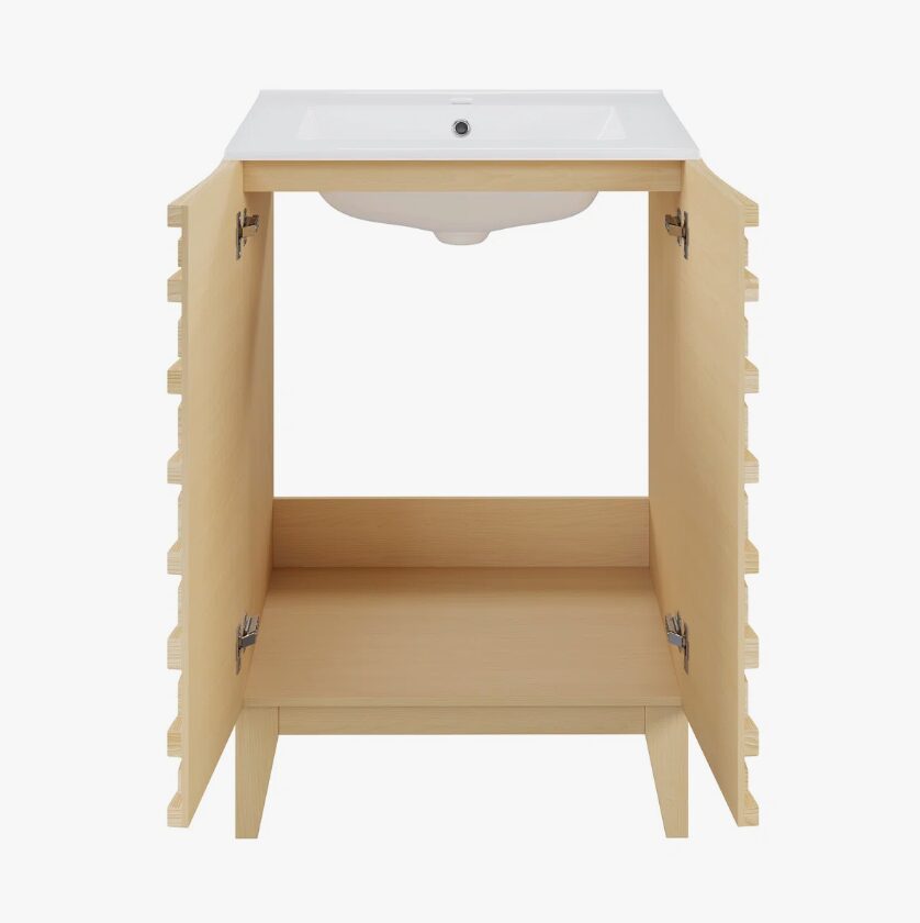 12 Handleless Slat Front Modern Light Wood Single Sink Vanity Cabinet