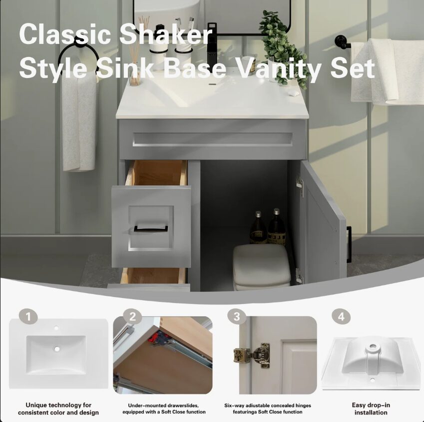 Modern Light Gray Single Sink Vanity Cabinet with Solid Wood Drawer Boxes