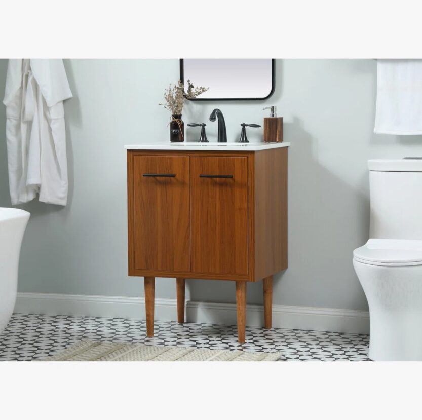 24" Narrow Mid Century Modern Wood Vanity for Powder Room & Guest Bath