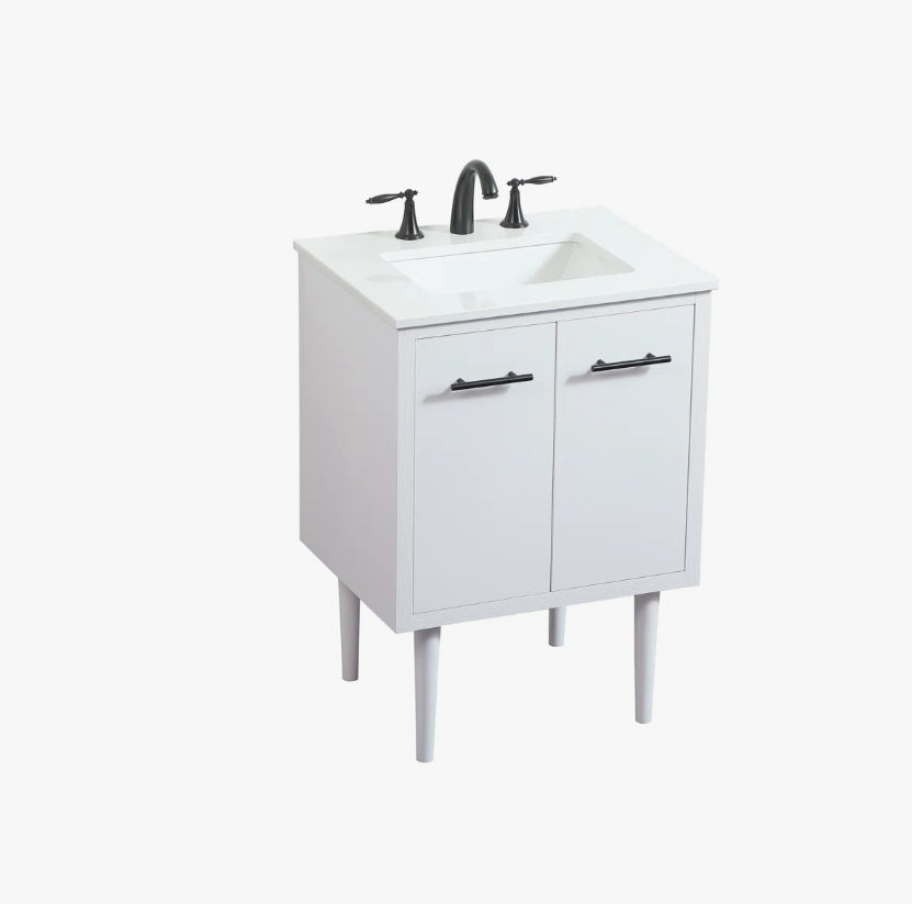 12 24 Inch White Mid-Century Single Sink Bathroom Vanity with White Quartz Top