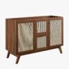 12 48 Inch Walnut Rattan Double Sink Mid-Century Bathroom Vanity with White Quartz Top
