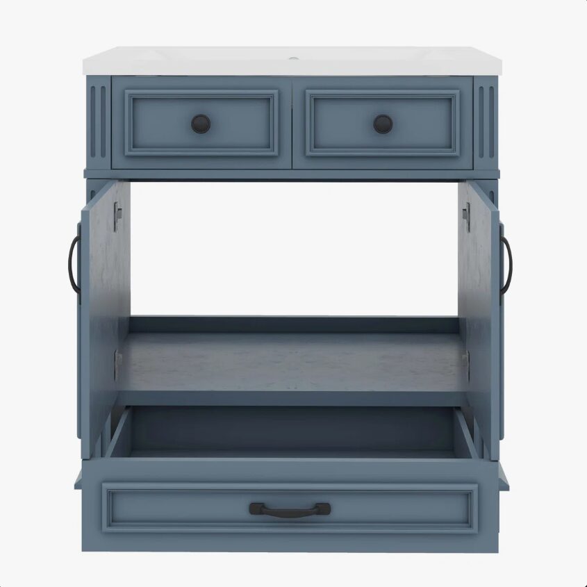 12 Modern Navy Blue Bathroom Vanity Cabinet with Soft Close Doors & Multi Drawer Storage
