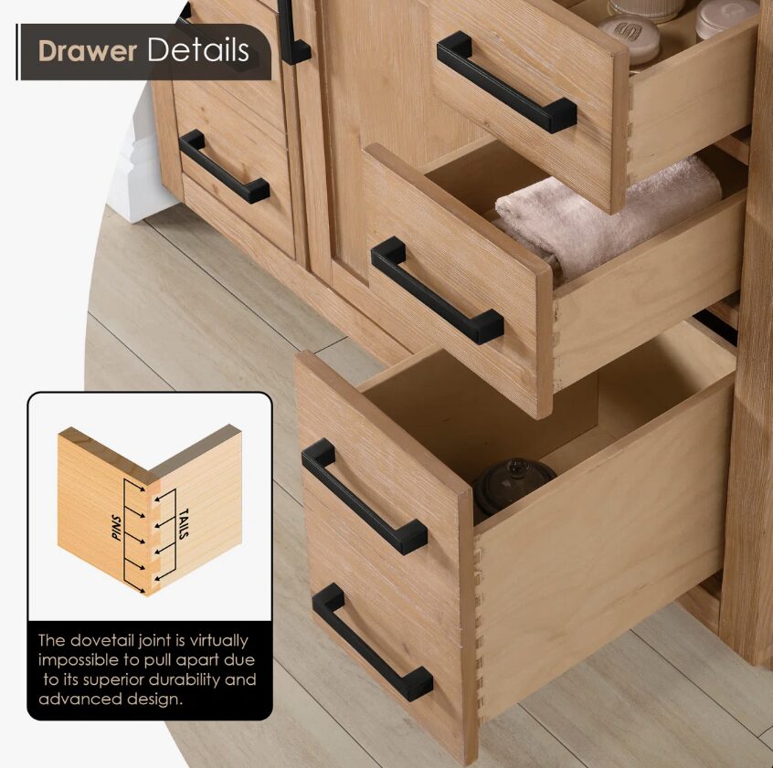 Natural Wood Single Sink Bathroom Vanity with Dovetail Drawers