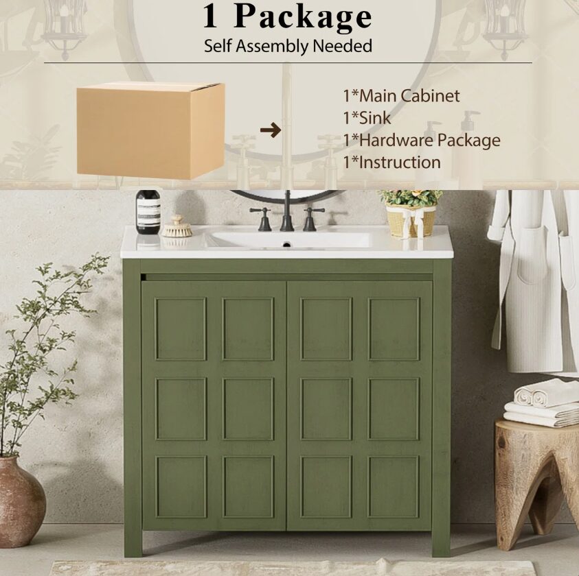 36" Olive Green Farmhouse Bathroom Vanity with White Undermount Sink