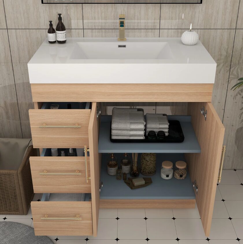 13 36 Inch Light Oak Single Sink Bathroom Vanity Integrated Solid Surface Top Soft Close Drawers & Doors