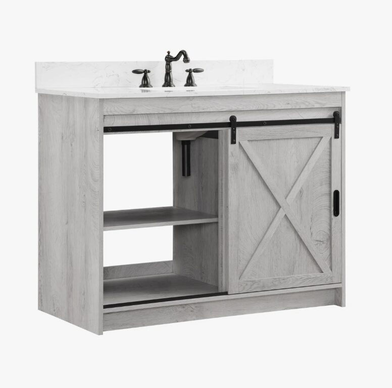 13 Light Gray Farmhouse Vanity with Cross Barn Door for Coastal, Modern Farm & Industrial Bath Remodel