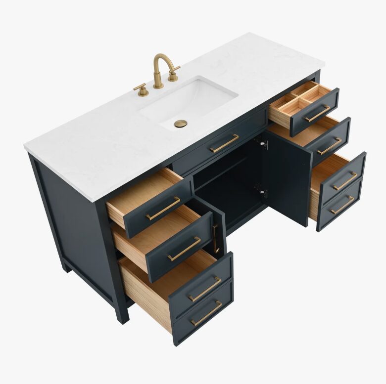 60" Dark Blue Wood Single Vanity Cabinet for Contemporary Primary Bathroom Remodel