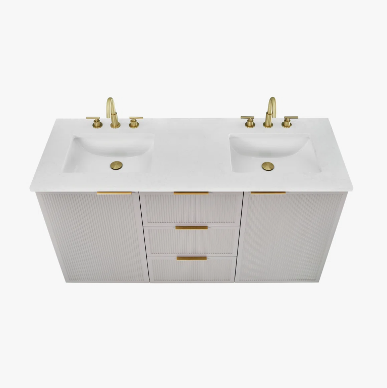 60 Inch Fluted Light Gray Double Undermount Sink Bathroom Vanity, White Quartz Countertop & Brushed Gold Hardware
