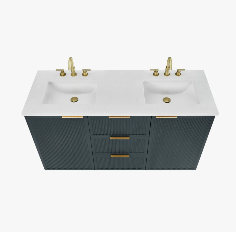 13 60 Inch Dark Navy Fluted Double Undermount Sink Bathroom Vanity, White Quartz Countertop & Brushed Gold Hardware