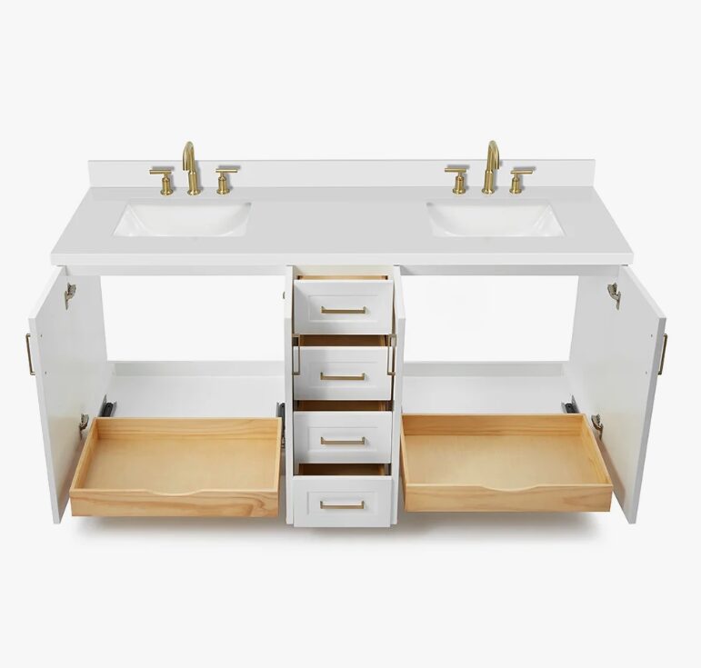 72 Inch White Shaker Double Undermount Sink Bathroom Vanity, White Quartz Countertop & Brushed Gold Hardware