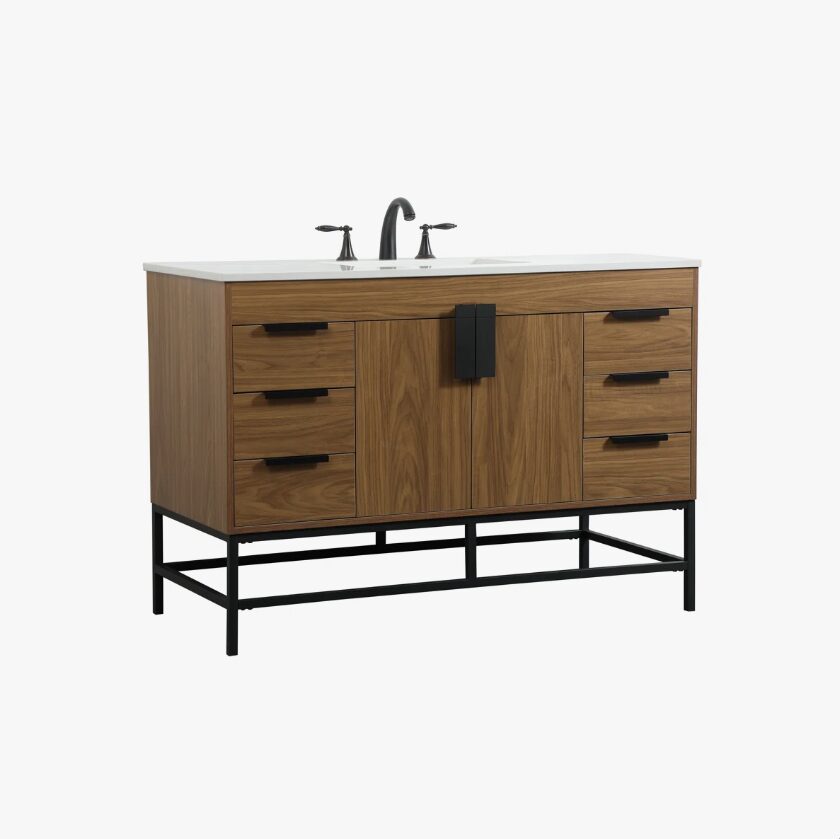 Mid-Century Modern Single Sink Walnut Bathroom Vanity Cabinet