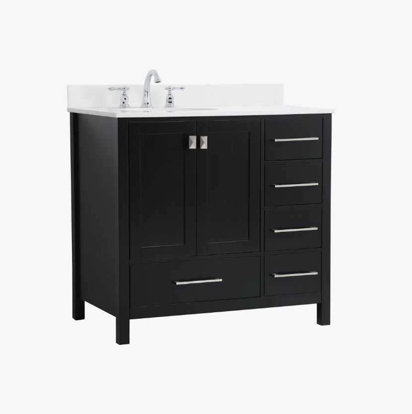 Modern Single Sink Black Bathroom Vanity Cabinet with Silver Hardware