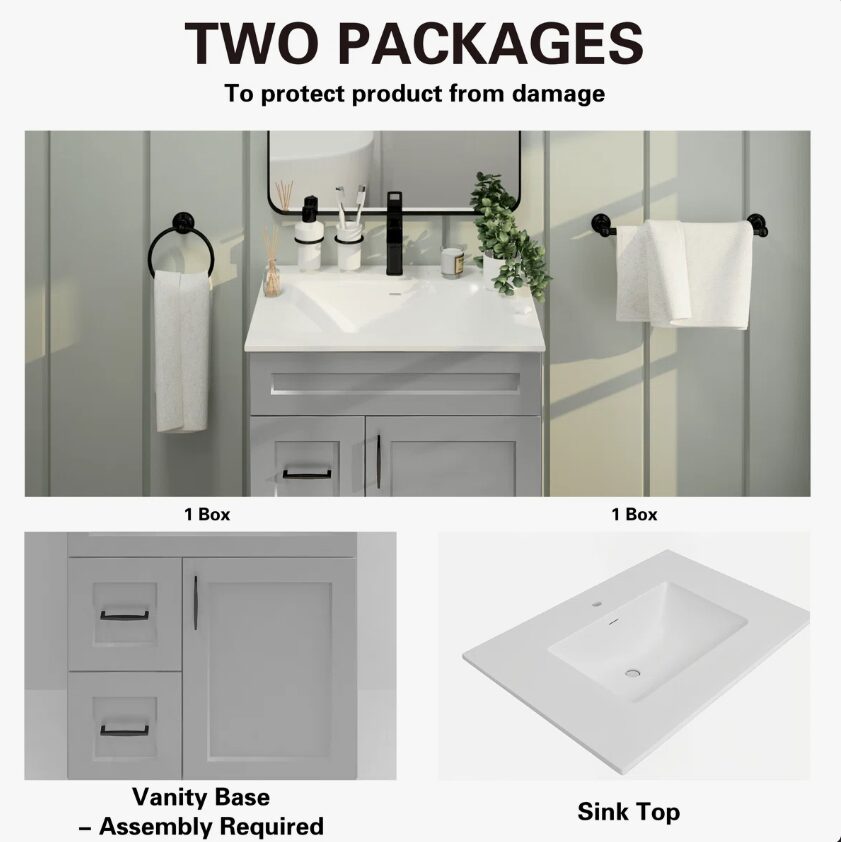 Modern Light Gray Single Sink Vanity Cabinet with Solid Wood Drawer Boxes