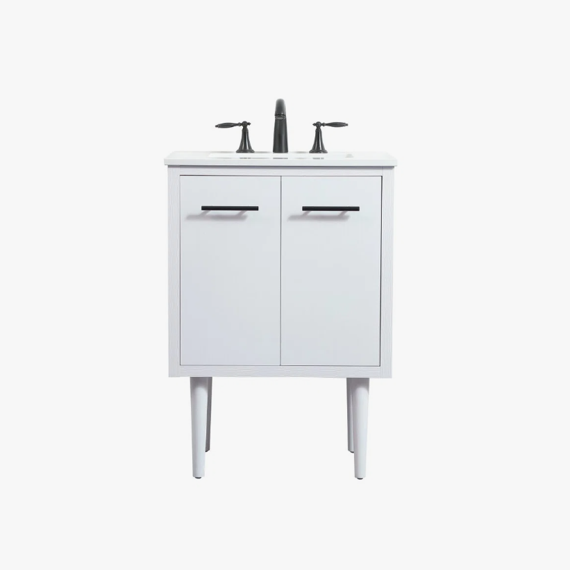 13 24 Inch White Mid-Century Single Sink Bathroom Vanity with White Quartz Top