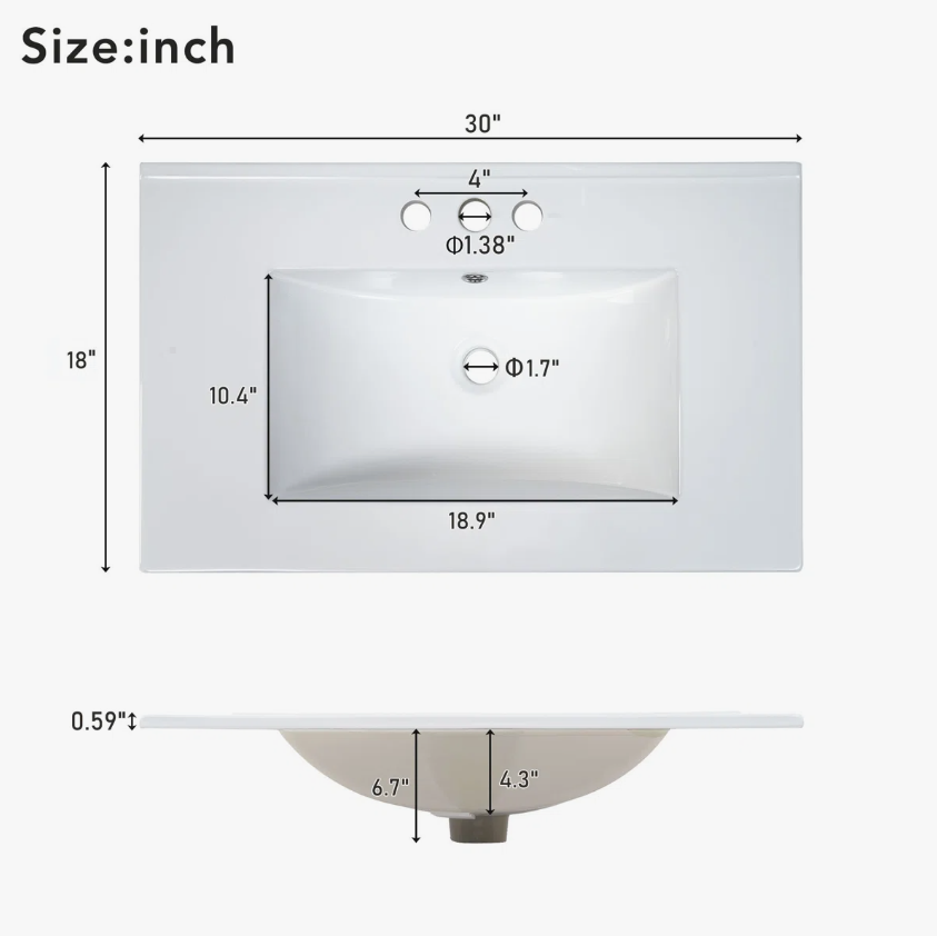 13 30" Black Vanity Cabinet with White Sink & Gold Hardware