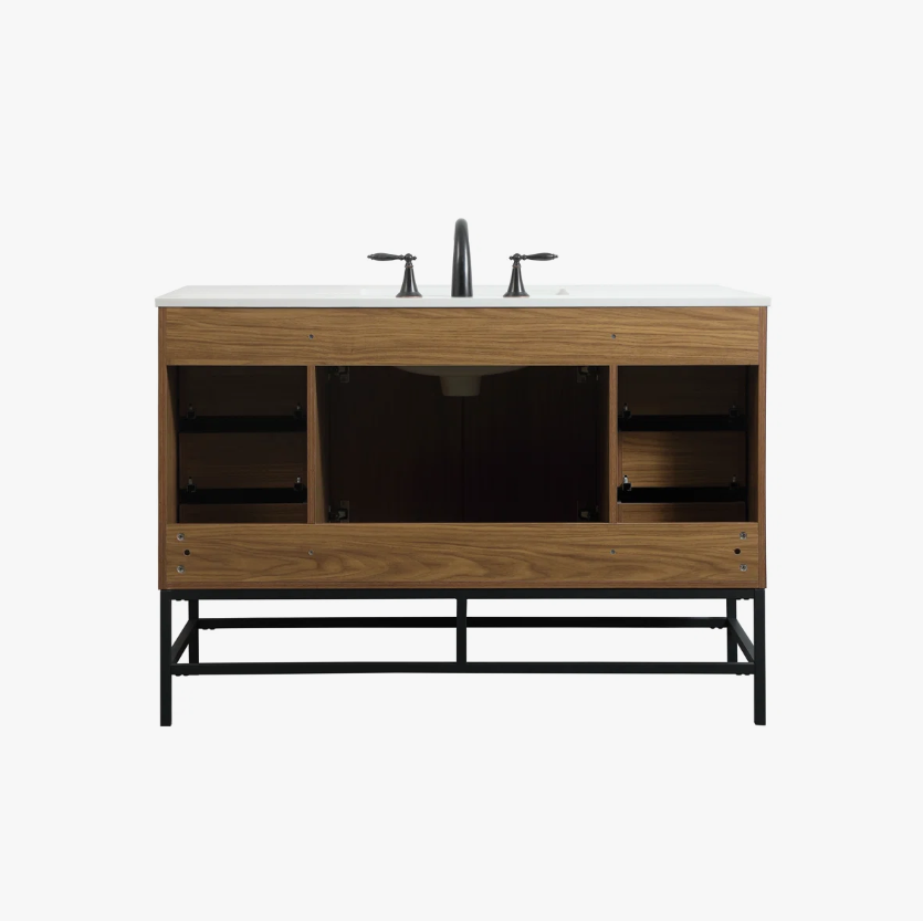 Mid-Century Modern Single Sink Walnut Bathroom Vanity Cabinet