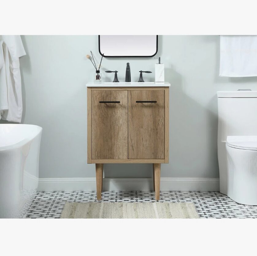 24 Inch Natural Oak Mid-Century Single Sink Bathroom Vanity with White Quartz Top