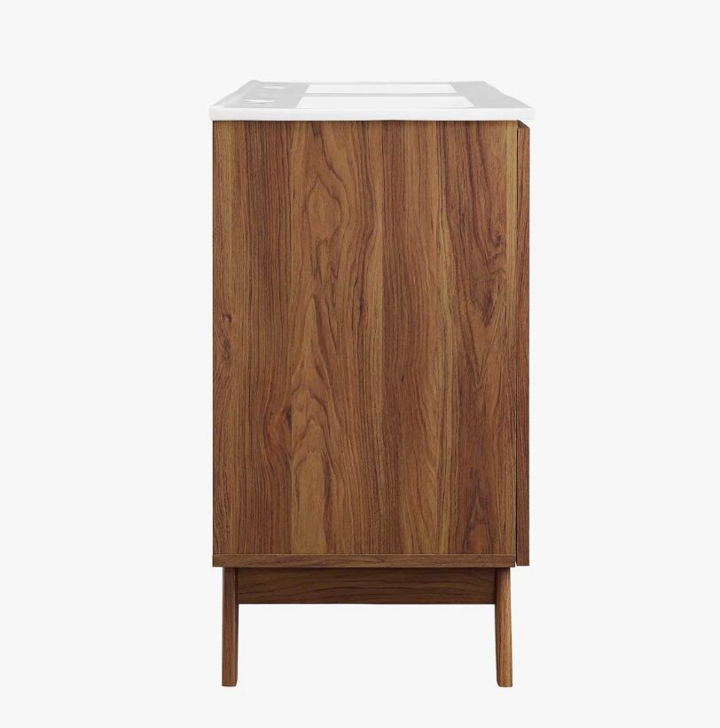 14 48 Inch Walnut Rattan Double Sink Mid-Century Bathroom Vanity with White Quartz Top