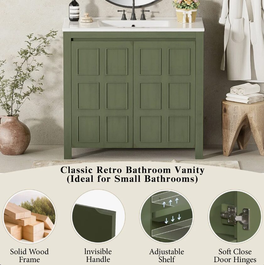 36" Olive Green Farmhouse Bathroom Vanity with White Undermount Sink