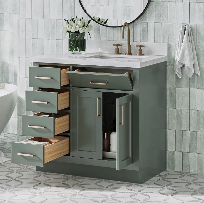 14 Modern Sage Green Shaker Vanity Cabinet with Dovetail Pine Drawers for Earthy Tone Bath Remodel