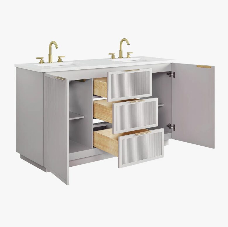 60 Inch Fluted Light Gray Double Undermount Sink Bathroom Vanity, White Quartz Countertop & Brushed Gold Hardware
