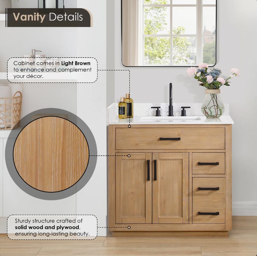 Natural Wood Single Sink Bathroom Vanity with Dovetail Drawers