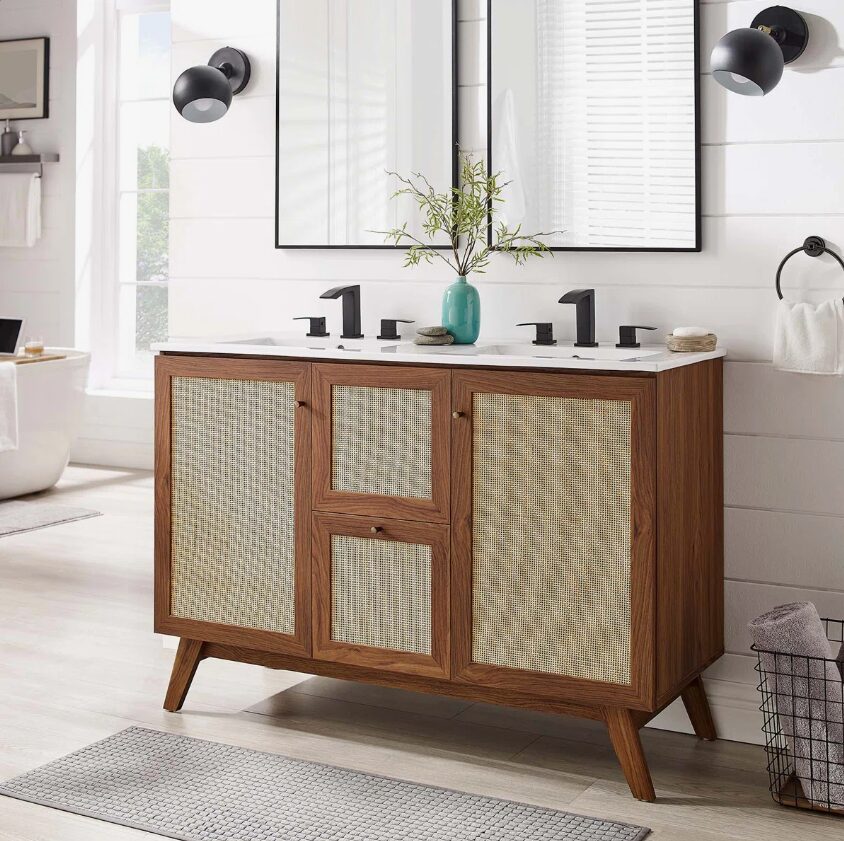 15 48 Inch Walnut Rattan Double Sink Mid-Century Bathroom Vanity with White Quartz Top