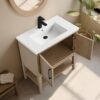 15 30 Inch Weathered Oak Freestanding Bathroom Vanity with White Integrated Sink & Open Bottom Shelf